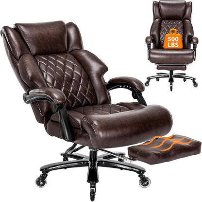 500 LBS Big and Tall Office Chair with Foot Rest High Back Recline Ergonomic Chair for Heavy People, Executive Office Chair Comfortable for Home Office, Large Computer Desk Chair Brown