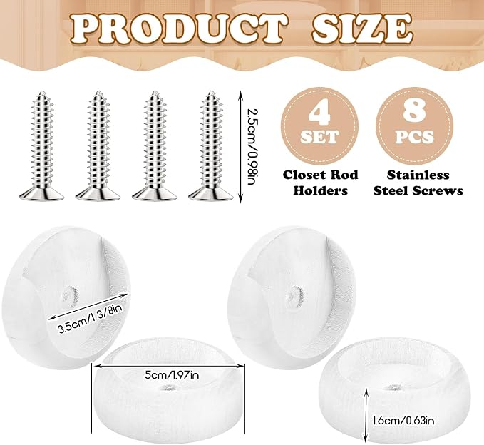 Yookeer 4 Pack Wooden Closet Pole Sockets 1-3/8" Closet Rod Holders Pole Holders for Wardrobe Hallway Bathroom Curtain Clothing Store(White)