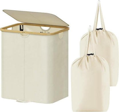 Lifewit 120L Double Laundry Hamper with Lid, Large Laundry Basket with Removable Bag & Bamboo Handles, Fodable Tall Dirty Clothes Hamper for Laundry Collapsible Bin for Bathroom Bedroom Dorm, Beige