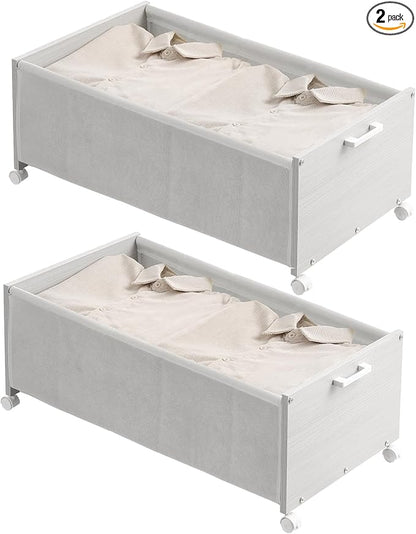 FOUCSSOMEI Under Bed Storage with Wheels, Wooden Under Bed Drawers On Wheels, Rolling Under Bed Shoe Storage, Space Saving,White,Quadruple Size,90L
