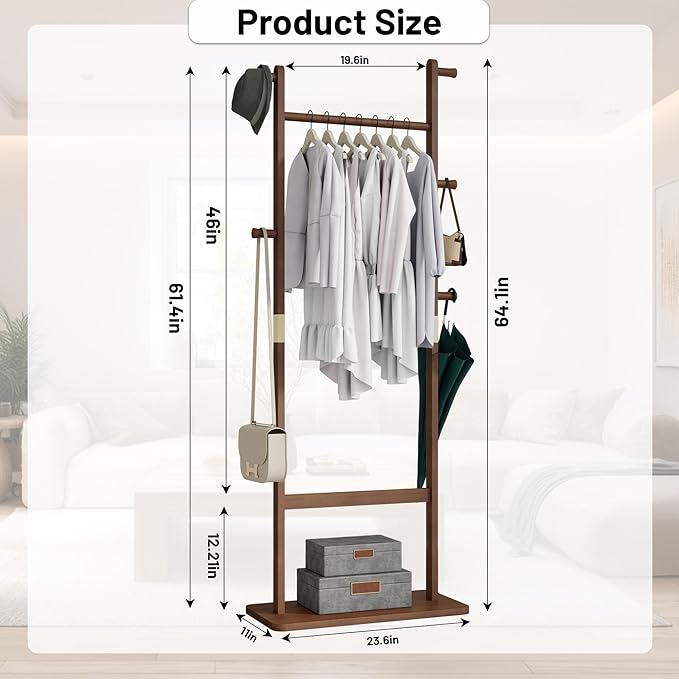 Freestanding Coat Rack with 2 Storage Shelves and 5 Hooks, Heavy Duty Wood Garment Rack for Bedroom, Hallway, Entryway (23.6x11x64 in)