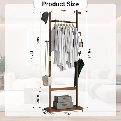 Freestanding Coat Rack with 2 Storage Shelves and 5 Hooks, Heavy Duty Wood Garment Rack for Bedroom, Hallway, Entryway (23.6x11x64 in)