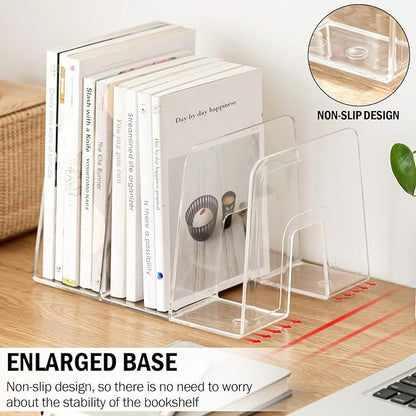 Clear Desktop Book Organizer, Creative Book Stand, Divider Bookshelf for Home School and Office, Non-Acrylic Stand Bookshelves (3 Sections), Transparent, Pack of 2