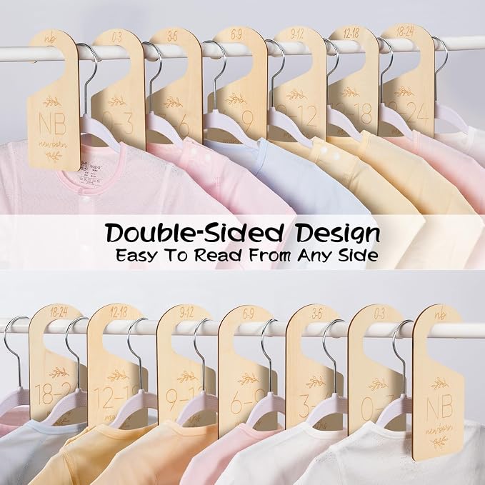 Baby Closet Dividers for Clothes Organizer - Set of 7 Adorable Wooden Double-Sided Baby Clothes Size Hanger Organizer from Newborn to 24 Months for Nursery Beautiful Decor