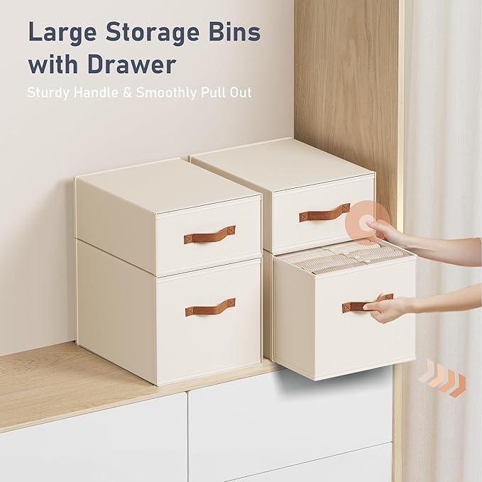 DIMJ Closet Organizers and Storage - Fabric Storage Bins with Drawers Stackable Closet Bins with Labels for Clothes, Sweaters, Bedding, Collapsible Storage Cubes for Bedroom, Living Room, Shelf
