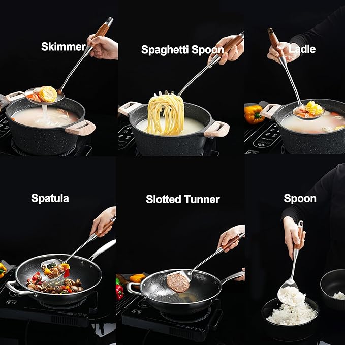 Stainless Steel Kitchen Utensils Set with Wooden Handle for Cooking 9 PCS with Solid and Slotted Spoon, Fork, Spatula, Ladle, Skimmer, Slotted Tunner, Spaghetti and Large Spoon