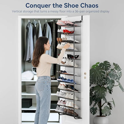 Whitmor 36 Pair Over The Door Shoe Organizer, 12 Tier Hanging Shoe Organizer, Heavy Duty Metal & Mesh Shoe Holder, Hanging Shoe Rack for Closet Organizer, 74" L x 21.7" W x 7.5" H, Matt Gunmetal