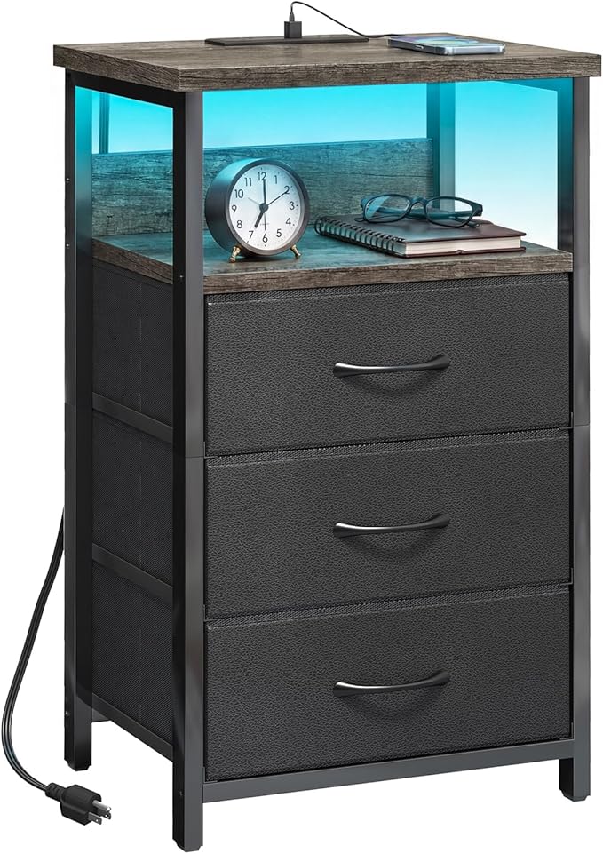 Fixwal Night Stand with Charging Station, LED Nightstand with U-S-B Ports and Outlets, 3 Fabric Storage Drawers with PU Finish, Bed Side Table, Charcoal Gray