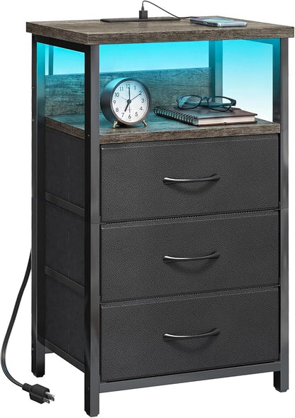Fixwal Night Stand with Charging Station, LED Nightstand with U-S-B Ports and Outlets, 3 Fabric Storage Drawers with PU Finish, Bed Side Table, Charcoal Gray