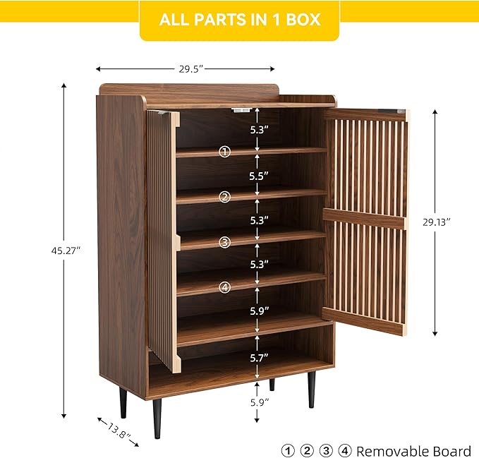 7-Tier Shoe Cabinet with Doors, 21 Pairs Entryway Storage Cabinet, Wooden Shoe Organizer with Adjustable Shelves, Farmhouse Free Standing Shoe Cabinet for Hallway, Living Room (Walnut Brown)