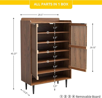 7-Tier Shoe Cabinet with Doors, 21 Pairs Entryway Storage Cabinet, Wooden Shoe Organizer with Adjustable Shelves, Farmhouse Free Standing Shoe Cabinet for Hallway, Living Room (Walnut Brown)