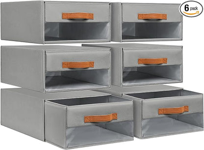 DIMJ Closet Organizers and Storage - Foldable Storage Bins with Drawers Pull-Out Stackable Storage Drawers with Clear Window,Fabric Clothes Organizers and Storage Drawers for Closet, 6-Pack, Grey