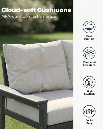 HDPE Outdoor Patio Furniture Set, 6-Piece Patio Conversation Sets with Coffee Table & Side Table & Beige Washable Thick Cushions, Outdoor Sofa for Balcony, Porch (Grey Frame)