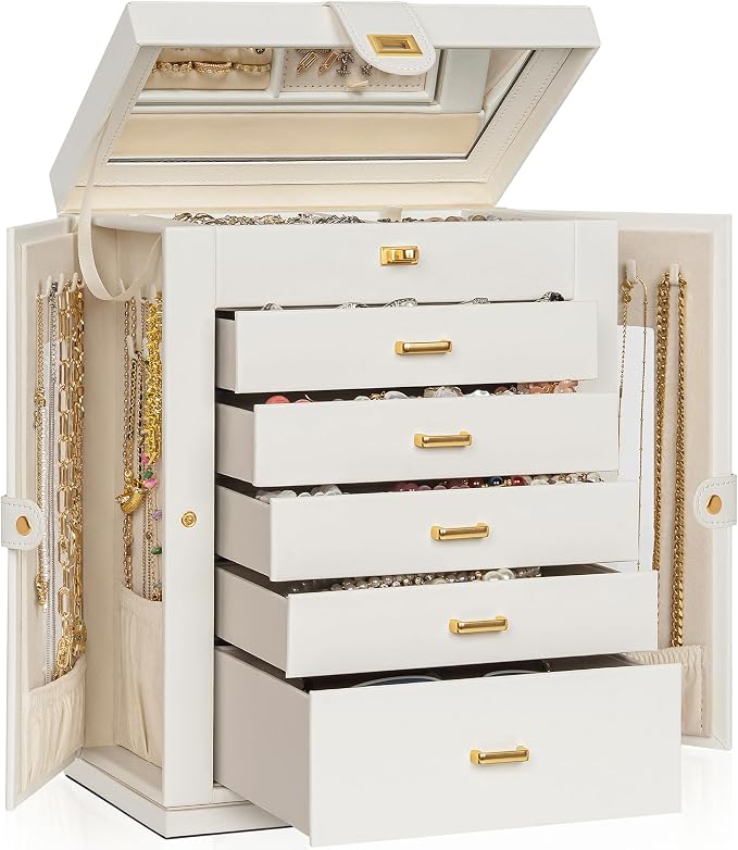 AKOZLIN Jewelry Box 6-Tier Organizer Functional 360° Rotating Jewelry Storage Case for Women Girls Ring Necklace Earring Bracelet Holder with Mirror