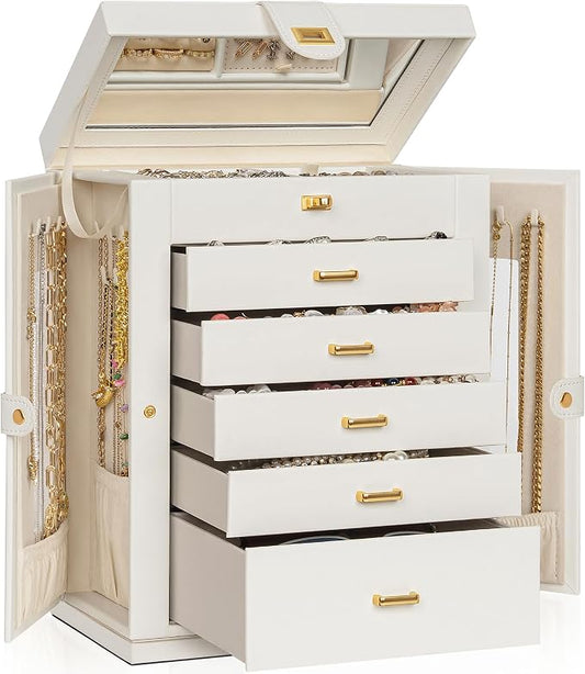 AKOZLIN Jewelry Box 6-Tier Organizer Functional 360° Rotating Jewelry Storage Case for Women Girls Ring Necklace Earring Bracelet Holder with Mirror