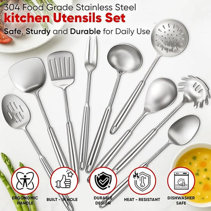 Newness 9 Pcs Cooking Utensils Set, 304 Stainless Steel Kitchen Utensils Set, Metal Kitchen Accessories, Include Soup Ladle, Slotted Skimmer Spoon, Spaghetti Spoon and Spatula, Dishwasher Safe