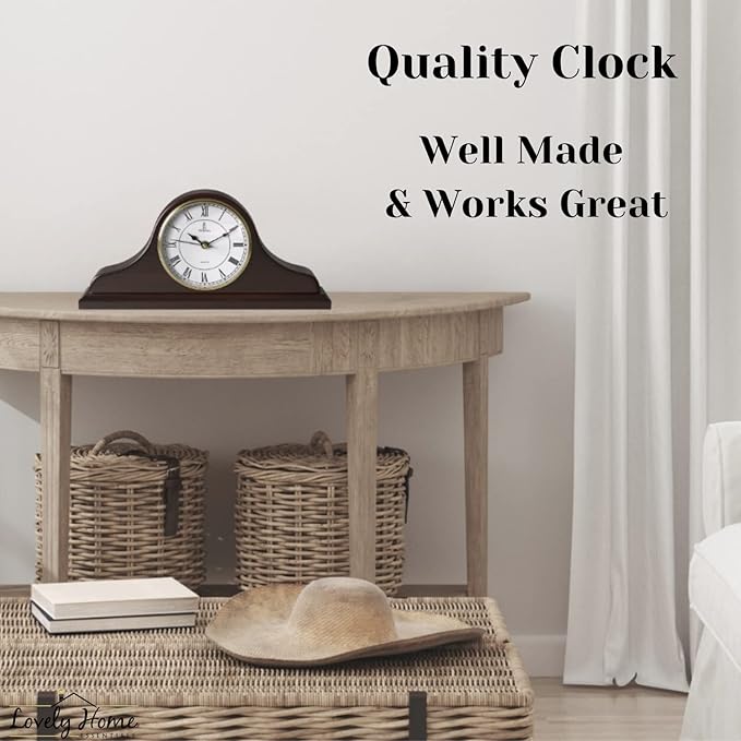 Mantel Clock Battery Operated - Wooden Mantle Clock - 15x7.5 - Silent, Made of Real Wood & Easy to Read - for Living Room Decor Above Fireplace Mantel, Office, Shelf, Table & Home Décor Gift