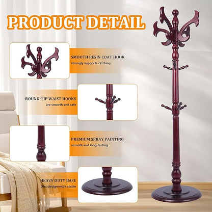 Wood Coat Rack Stand Heavy Duty, Coat Hanger Stand Height 72“ with Hooks, Coat Tree Freestanding for Entrance, Office, Living Room, Bedroom, Corridor