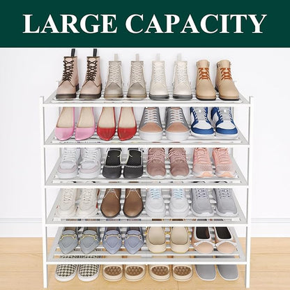 Smiry Bamboo Shoe Rack 5-Tier, Stackable Wooden Shoe Organizer for Entryway & Closet, Free Standing Wood Shoe Storage Shelf for Front Door & Small Spaces, White