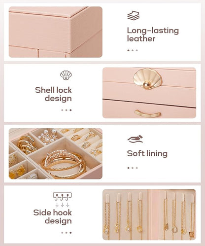 Jewelry Box with 4 Drawers : Display Organizer for Earrings Necklaces - Christmas Gifts for Girls Women (Peach Pink)