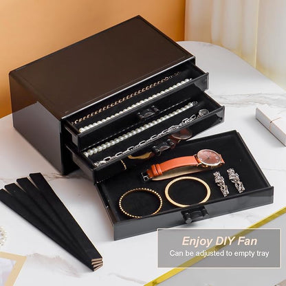 YUFONG Necklace Holder Organizer, Dustproof Necklace Box Velvet Necklace Organizer Box with Lid Clear Acrylic Dustproof Stackable Jewelry Displays for Necklaces Chain Display (Black Black, 3 Drawer)