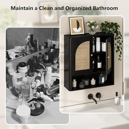 RUSTOWN Rattan Bathroom Wall Cabinet, Over The Toilet Storage Cabinets with 2 Arched Doors, Modern Medicine Cabinet with Adjustable Shelf & Rounded Edges, Mid-Century Bathroom Organization