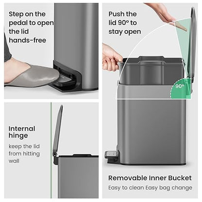 Cesun Small Bathroom Trash Can with Lid Soft Close, Step Pedal, 6 Liter / 1.6 Gallon Stainless Steel Garbage Can with Removable Inner Bucket, Anti-Fingerprint Finish (Gray)