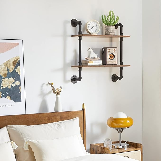 YMYNY Industrial Pipe Shelf Bracket, 2 Tiers Retro Wall Mounted Floating Shelf, Wood DIY Bookshelf, Storage Shelves for Living Room, Bedroom, 24" Farmhouse Bathroom Shelving, HD-UHRF-TM004
