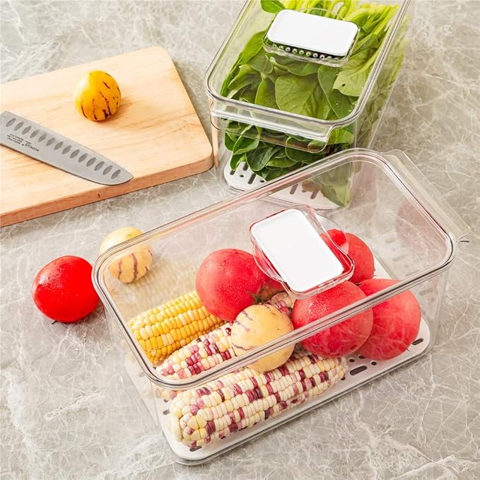 Slideep Produce Saver Refrigerator Organizer Bins with Lids and Removable Drain Tray Food Storage Container - 4 Pack