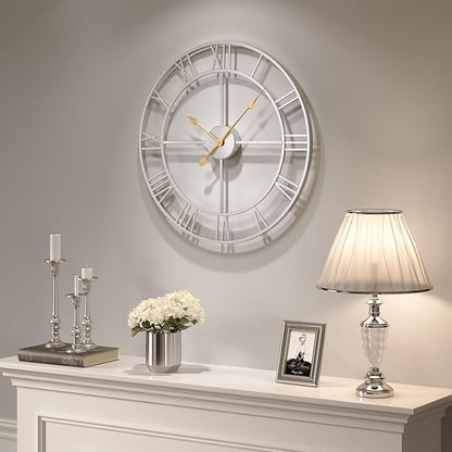 Cuspin Silver Wall Clock for Living Room Decor, 24 Inch Large Metal Wall Clock Modern Luxury Roman Numeral Analog Battery-Operated Round Decorative Clocks for Bedroom, Kitchen, Office