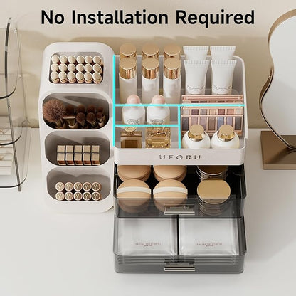 Makeup Organizer for Vanity with Brush Holder, Countertop Skincare Organizer with 2 Drawers, Spacious Cosmetic Display Case for Perfumes, Eyeshadow Palettes, Nail Polishes
