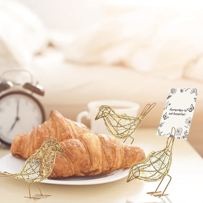 Artisan Bird Statues Trio - Christmas Ornament - Table Decor Handmade Gold-Wire Woven - Modern Farmhouse Shelf Decor with Hanging Chain, Multi-Pose Metal Bird Figurines for Home Office