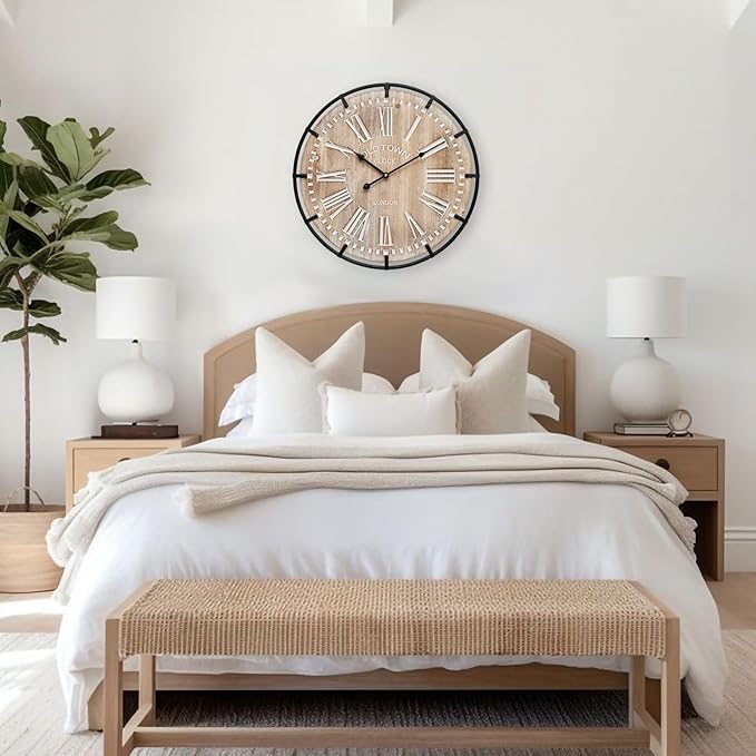 MICWIC 20 Inch Grand Farmhouse Wall Clock, Vintage-Inspired Wood & Metal Design with Large Etched Numbers, Silent Battery-Powered Timepiece for Offices, Kitchens, Bedrooms, and Living Rooms