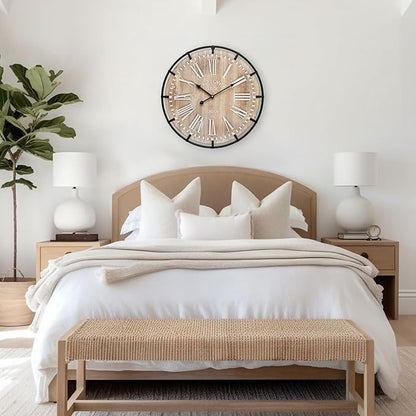 24 Inch Grand Farmhouse Wall Clock, Vintage-Inspired Wood & Metal Design with Large Etched Numbers, Silent Battery-Powered Timepiece for Offices, Kitchens, Bedrooms, and Living Rooms