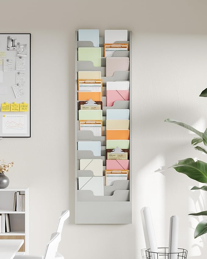 OSKIE Wall-Mount File Organizer, 16 Pockets Document Holder, Metal Construction, Gray White Powder-Coated, 14x3x46H inches