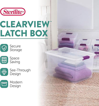 Sterilite 6-Pack Plastic Storage Bin w/ Latch Lid, ClearView Stackable Containers, 66 Qt