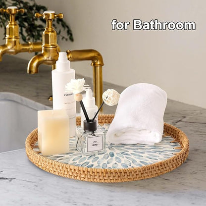 Round Rattan Tray with Mother of Pearl Inlay, Rattan Serving Tray for Coffee, Bread, Fruits, Decorative Wicker Tray for Table Decor, Home Decor, Kitchen Island Decor (Light Blue Leaf, 11.8")