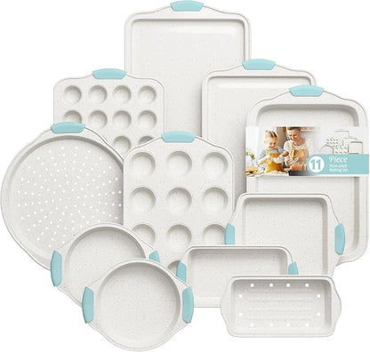 11-Piece Non-Toxic Bakeware Set – Nonstick, Stackable & Oven Safe with Heat-Resistant Silicone Handles – Cookie Sheet, Cake Pan, Muffin Mold, Pizza Tray & Bread Loaf Dish, White & Sky Blue