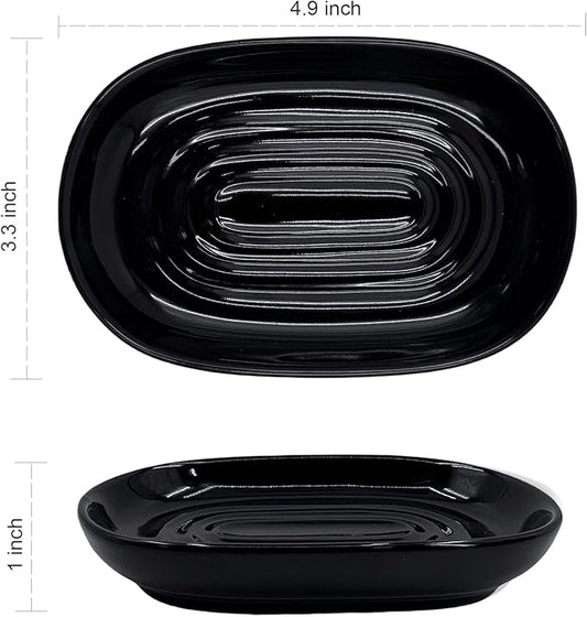 Ceramic Marble Pattern Soap Dish, Textured Raised Soap Saver Tray for Shower Bathroom Kitchen Sink Vanity, Easy to Clean Multi-Use Holder for Bar Soap Jewelry Rings Keys, Black (1 Pack)