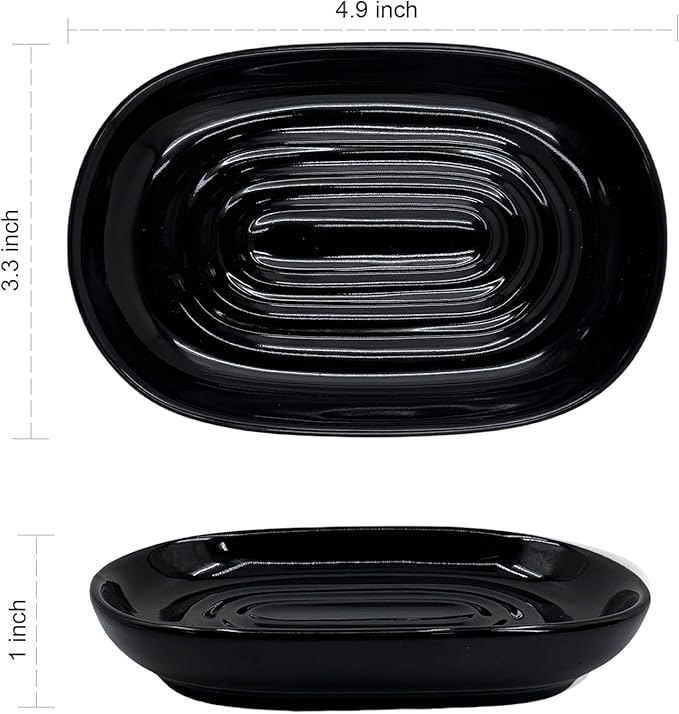 Ceramic Marble Pattern Soap Dish, Textured Raised Soap Saver Tray for Shower Bathroom Kitchen Sink Vanity, Easy to Clean Multi-Use Holder for Bar Soap Jewelry Rings Keys, Black (2 Pack)