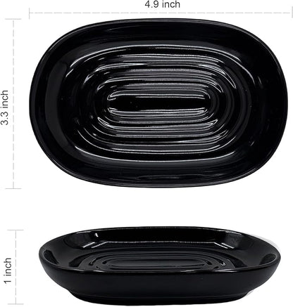 Ceramic Marble Pattern Soap Dish, Textured Raised Soap Saver Tray for Shower Bathroom Kitchen Sink Vanity, Easy to Clean Multi-Use Holder for Bar Soap Jewelry Rings Keys, Black (2 Pack)