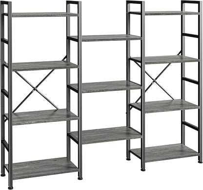 SUPERJARE Triple Bookshelf, Bookcase with 11 Open Display Shelves, Wide Book Shelf Book Case for Home & Office, 4 Tier, Grey
