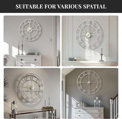Cuspin 20 Inch Wall Clock Large Silver Decorative Clocks, Modern Metal Round Wall Clock Battery-Operated Roman Numerals for Living Room Bedroom, Kitchen, Office Decor