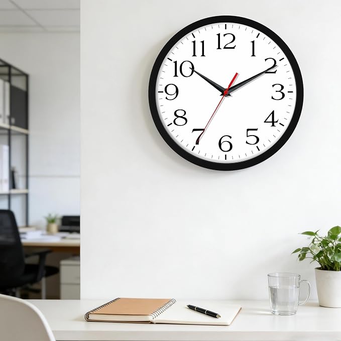 DAXSMY 14 Inch Wall Clock - Battery Operated, Silent Non-Ticking Analog Sweep Movement - Easy to Read Numbers for Home, Office, Kitchen, Classroom (Black)