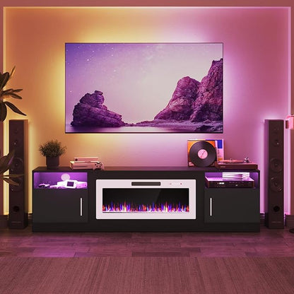 PRETZI Fireplace TV Stand with 36" Fireplace Up to 90" TVs, 80" Entertainment Center with LED Lights, Remote Control, TV Media Console with Storage Cabinets for Living Room, Black+White