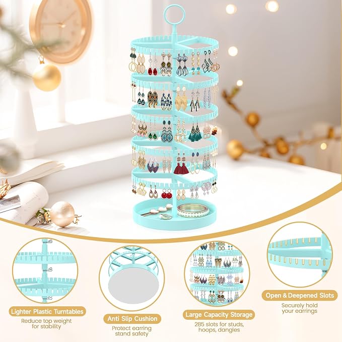MODOWEY 5 Tier Rotating Earring Holder Organizer Display Tree with Metal Tray, Adjustable Plastic Stand with 285 Slots for Stud Hoop Hanger, Large Capacity Storage Rack for Women Space Saving, Blue