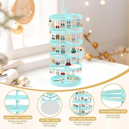 MODOWEY 5 Tier Rotating Earring Holder Organizer Display Tree with Metal Tray, Adjustable Plastic Stand with 285 Slots for Stud Hoop Hanger, Large Capacity Storage Rack for Women Space Saving, Blue