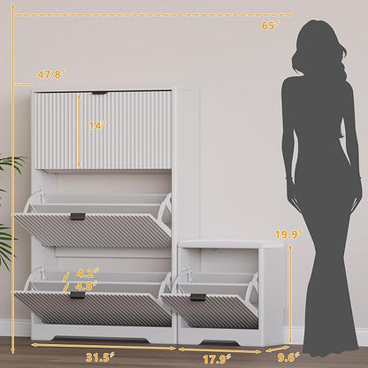 Slim Shoe Cabinet with Bench for Entryway, Hidden Storage and Adjustable Shelves, Free Standing Wooden Shoes Organizer for Foyer, Hallway