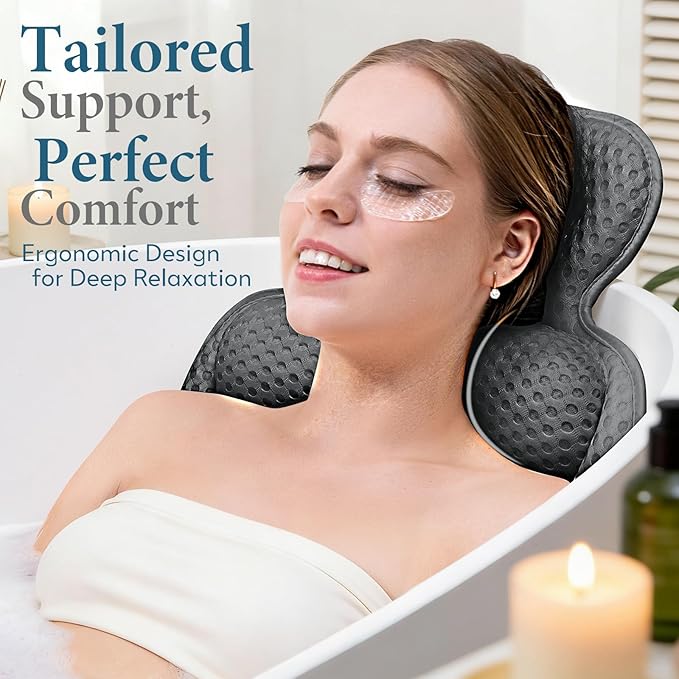 Bath Pillows for Tub, Comfortable Bathtub Cushion for Head and Neck with Soft 3D Mesh Fabric and 54 Non-Slip Suction Cups, Relaxing Tub and Shower Accessories Spa Gift Gray Standard