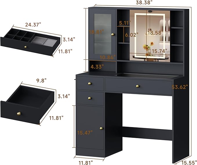 Vanity Desk with Mirror and Lights, Black Vanity with Lighted Mirror and RGB Cabinet & Jewelry Organizers, Makeup Vanity Desk with Lights, Glass Top Dressing Table for Girls Bedroom